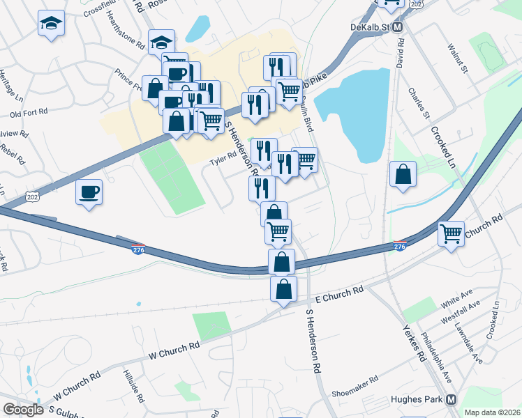 map of restaurants, bars, coffee shops, grocery stores, and more near 243 South Henderson Road in King of Prussia