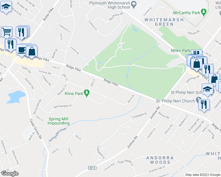 map of restaurants, bars, coffee shops, grocery stores, and more near 250 Ridge Pike in Montgomery County