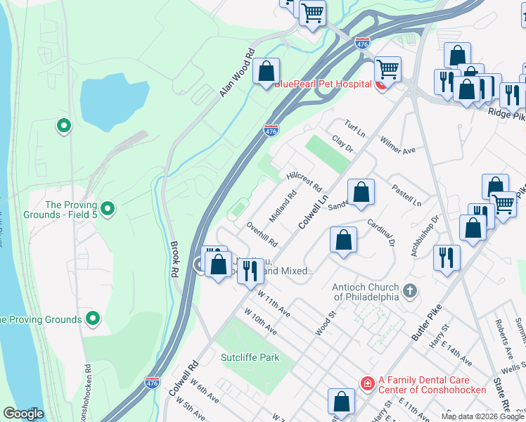 map of restaurants, bars, coffee shops, grocery stores, and more near 1324 Midland Road in Conshohocken