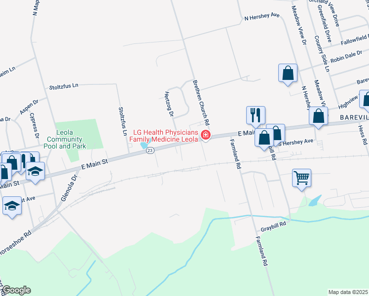 map of restaurants, bars, coffee shops, grocery stores, and more near 126 East Main Street in Leola
