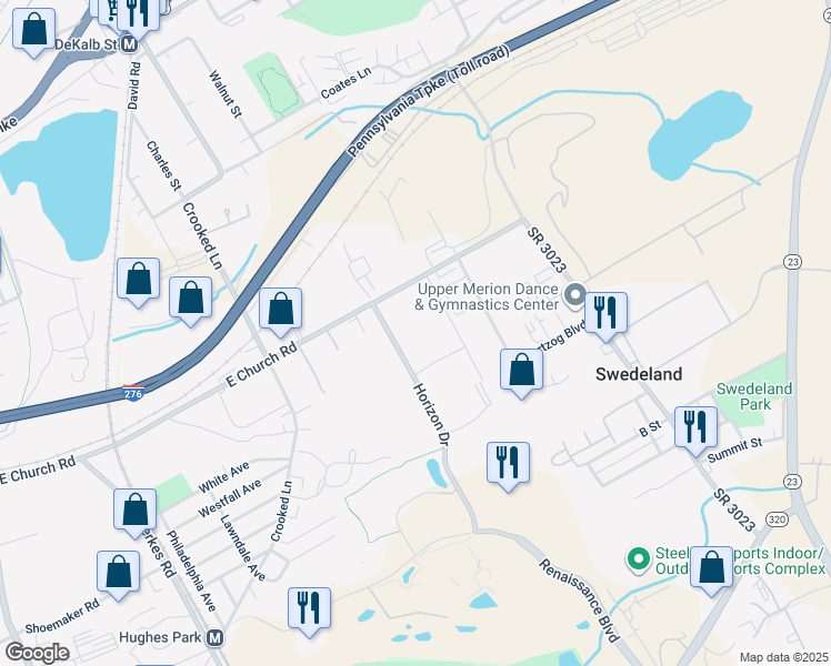 map of restaurants, bars, coffee shops, grocery stores, and more near 3606 Horizon Drive in King of Prussia