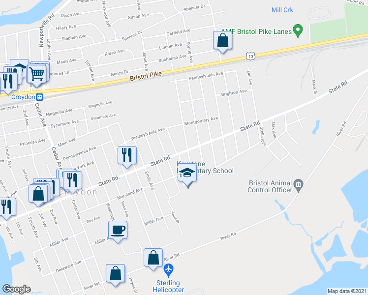 map of restaurants, bars, coffee shops, grocery stores, and more near 1813 State Road in Croydon