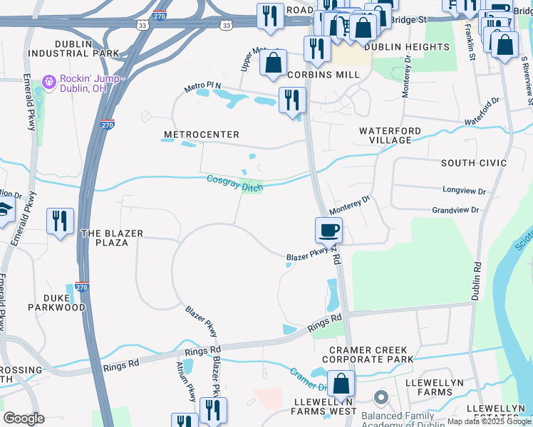 map of restaurants, bars, coffee shops, grocery stores, and more near 5158 Blazer Parkway in Dublin