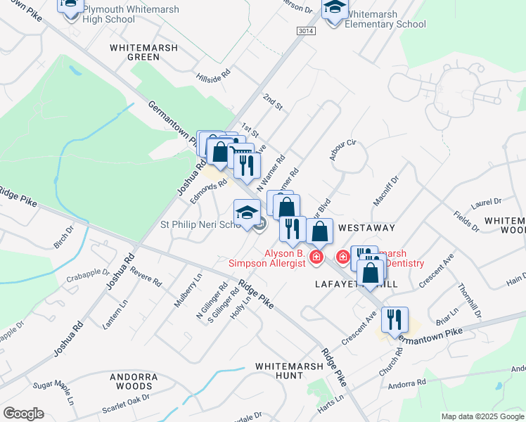 map of restaurants, bars, coffee shops, grocery stores, and more near 451 Germantown Pike in Lafayette Hill