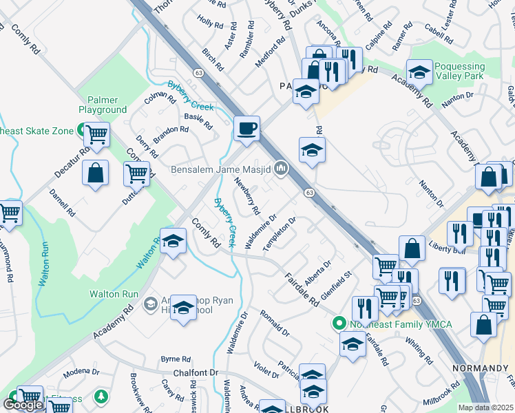 map of restaurants, bars, coffee shops, grocery stores, and more near 12000 Salina Place in Philadelphia
