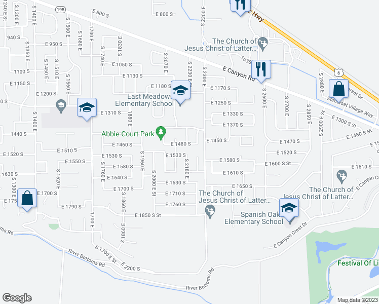 map of restaurants, bars, coffee shops, grocery stores, and more near 2177 East 1530 South in Spanish Fork
