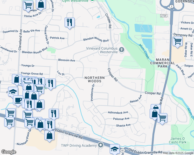 map of restaurants, bars, coffee shops, grocery stores, and more near 5871 Forest Hills Boulevard in Columbus