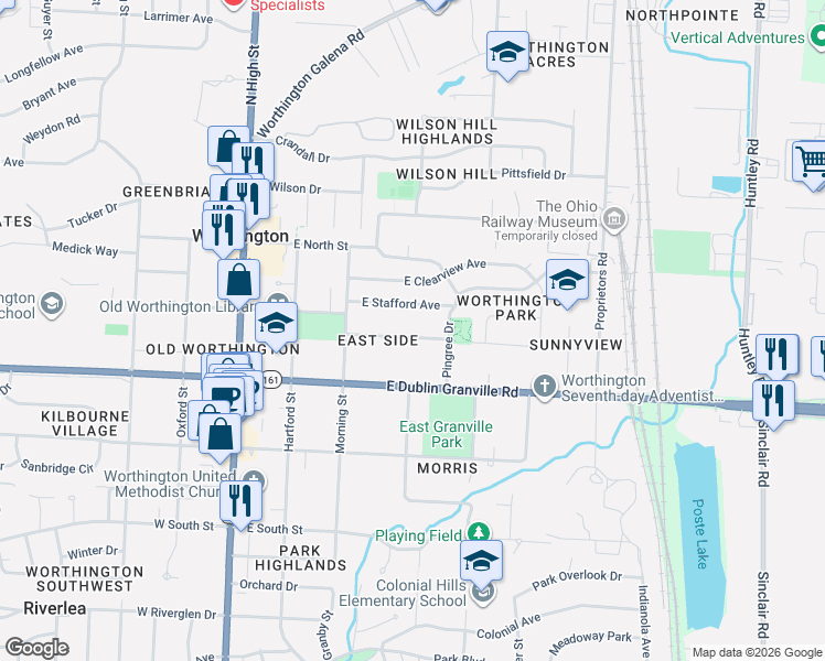 map of restaurants, bars, coffee shops, grocery stores, and more near 220 Franklin Avenue in Worthington