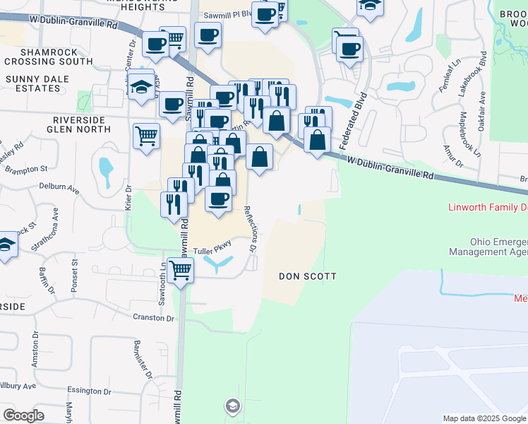 map of restaurants, bars, coffee shops, grocery stores, and more near 2550 Farrel Drive in Columbus