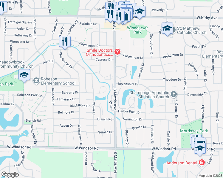 map of restaurants, bars, coffee shops, grocery stores, and more near 2005 South Mattis Avenue in Champaign