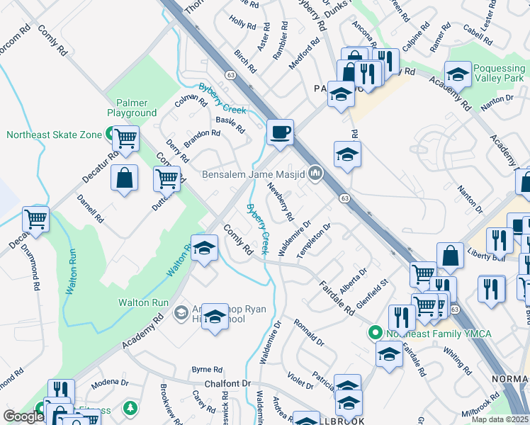map of restaurants, bars, coffee shops, grocery stores, and more near 3640 Salina Road in Philadelphia