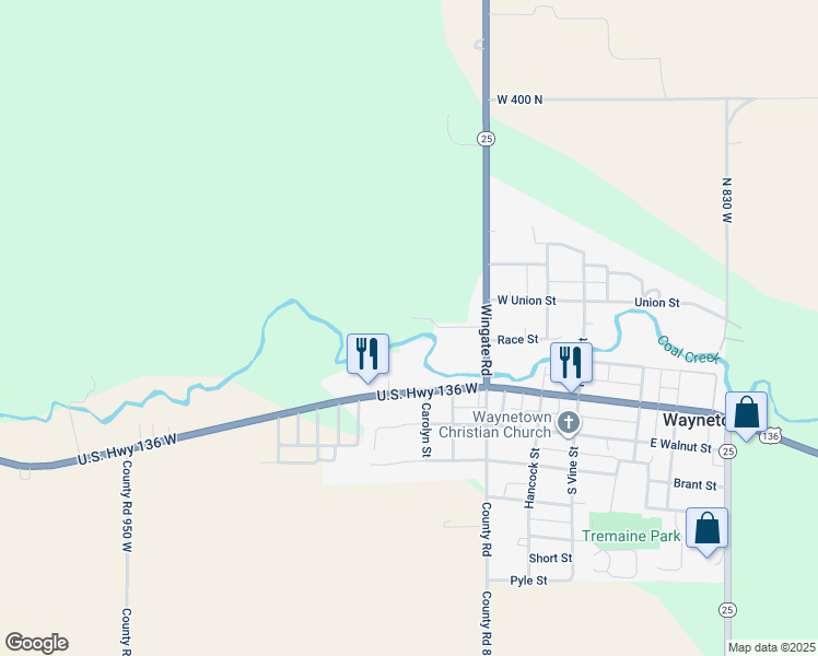 map of restaurants, bars, coffee shops, grocery stores, and more near 202 Wingate Road in Waynetown