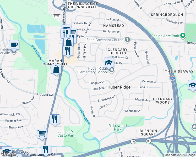map of restaurants, bars, coffee shops, grocery stores, and more near 5724 Cairo Road in Westerville