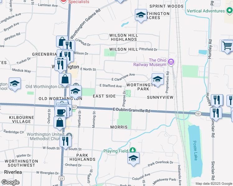map of restaurants, bars, coffee shops, grocery stores, and more near 220 Franklin Avenue in Worthington
