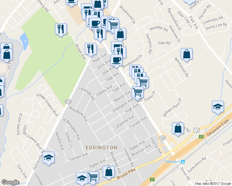 map of restaurants, bars, coffee shops, grocery stores, and more near 2843 Tyler Avenue in Bensalem