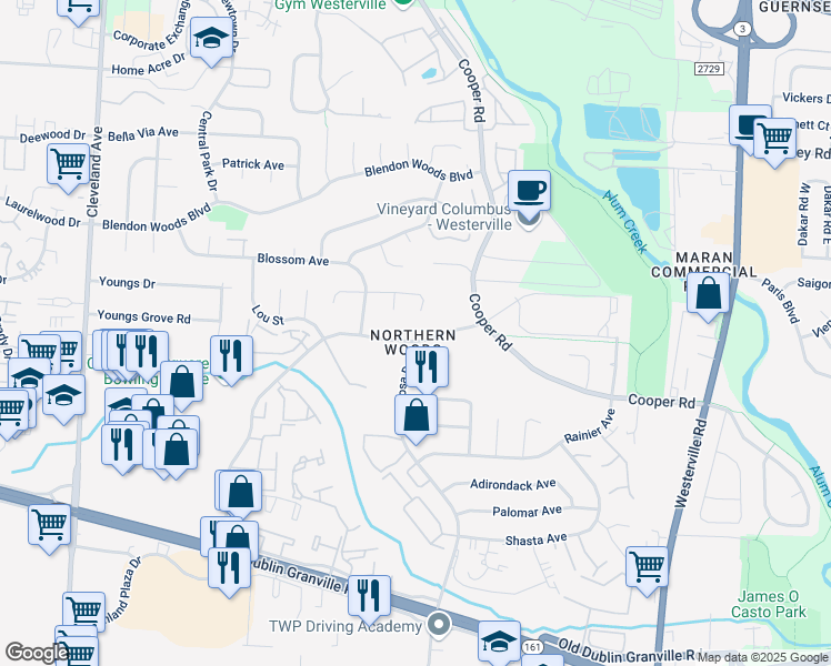 map of restaurants, bars, coffee shops, grocery stores, and more near 5871 Forest Hills Boulevard in Columbus