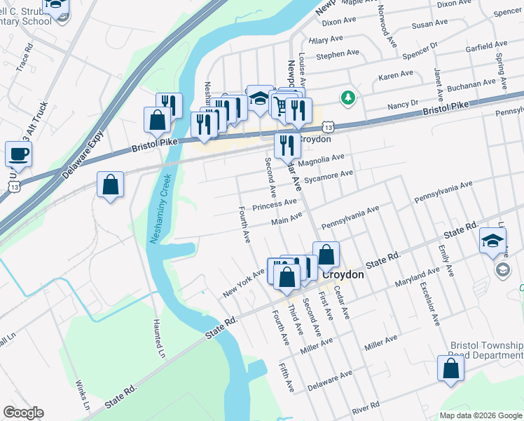 map of restaurants, bars, coffee shops, grocery stores, and more near 528 Princess Avenue in Croydon