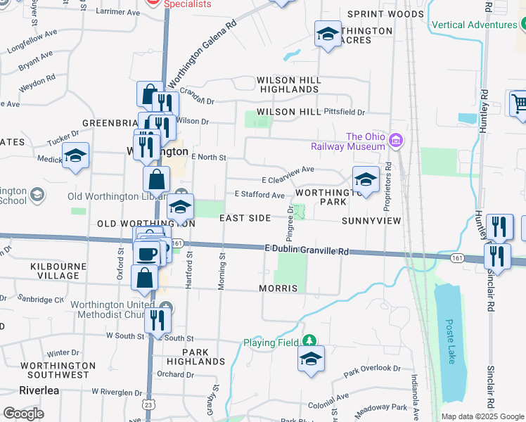 map of restaurants, bars, coffee shops, grocery stores, and more near 220 Franklin Avenue in Worthington