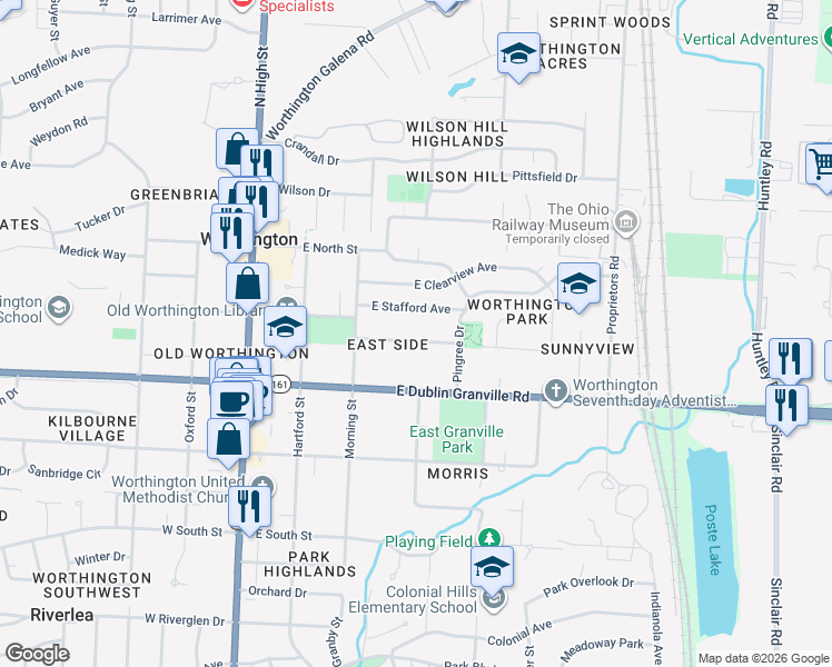 map of restaurants, bars, coffee shops, grocery stores, and more near 220 Franklin Avenue in Worthington