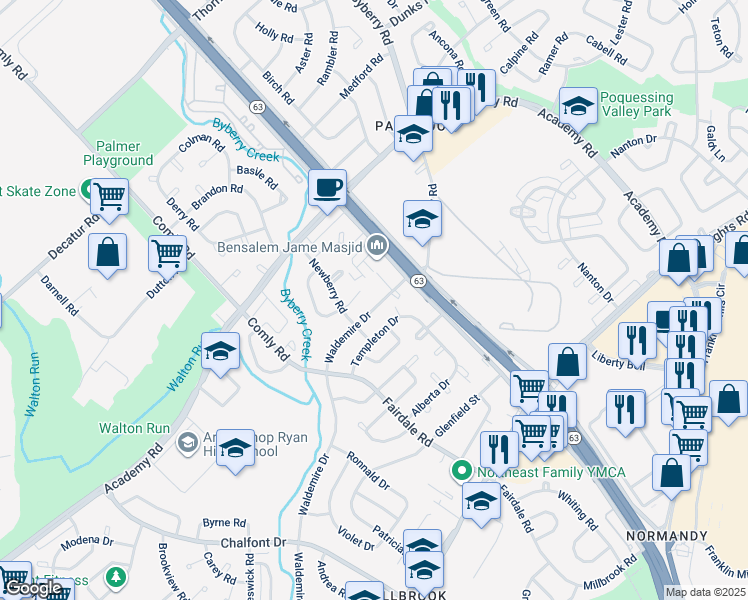 map of restaurants, bars, coffee shops, grocery stores, and more near 12028 Waldemire Drive in Philadelphia