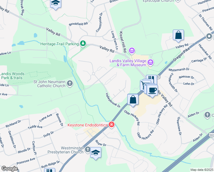 map of restaurants, bars, coffee shops, grocery stores, and more near 120 Valleybrook Drive in Lancaster