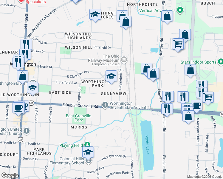 map of restaurants, bars, coffee shops, grocery stores, and more near 851 Griswold Street in Worthington