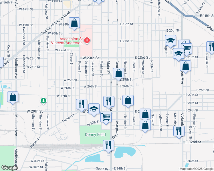 map of restaurants, bars, coffee shops, grocery stores, and more near 2519 Main Street in Anderson