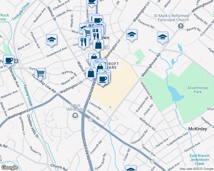 map of restaurants, bars, coffee shops, grocery stores, and more near 261 Old York Road in Jenkintown