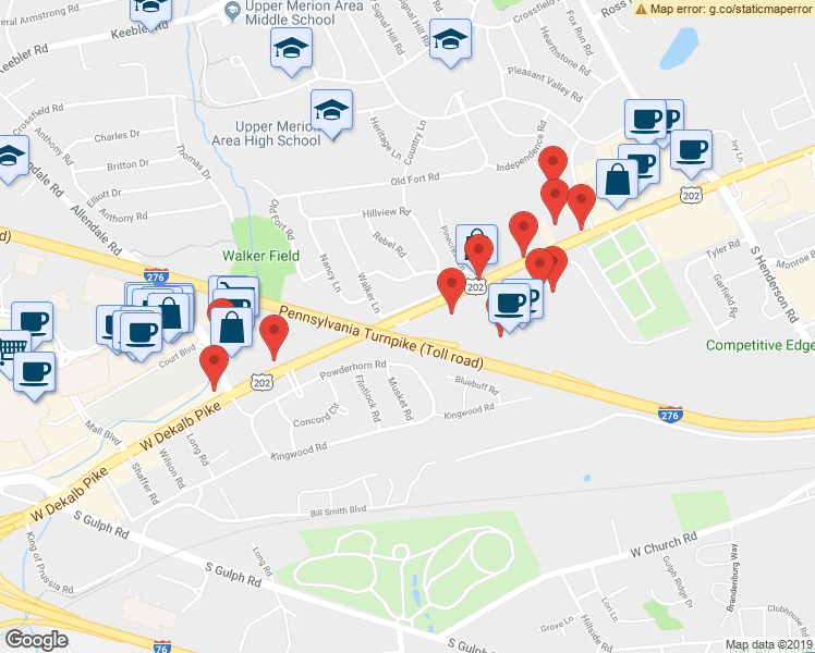 map of restaurants, bars, coffee shops, grocery stores, and more near 455 West Dekalb Pike in King of Prussia