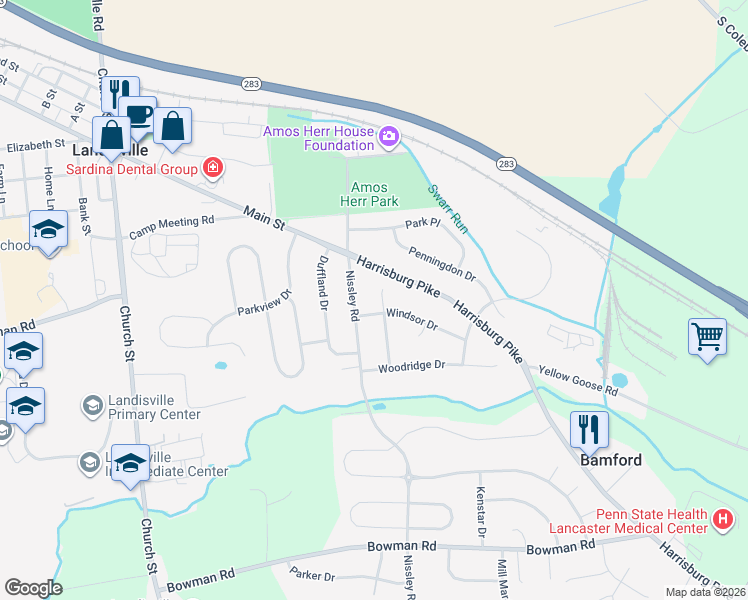 map of restaurants, bars, coffee shops, grocery stores, and more near 1529 Nissley Road in Salunga-Landisville