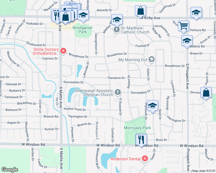 map of restaurants, bars, coffee shops, grocery stores, and more near 2002 Mayfair Road in Champaign