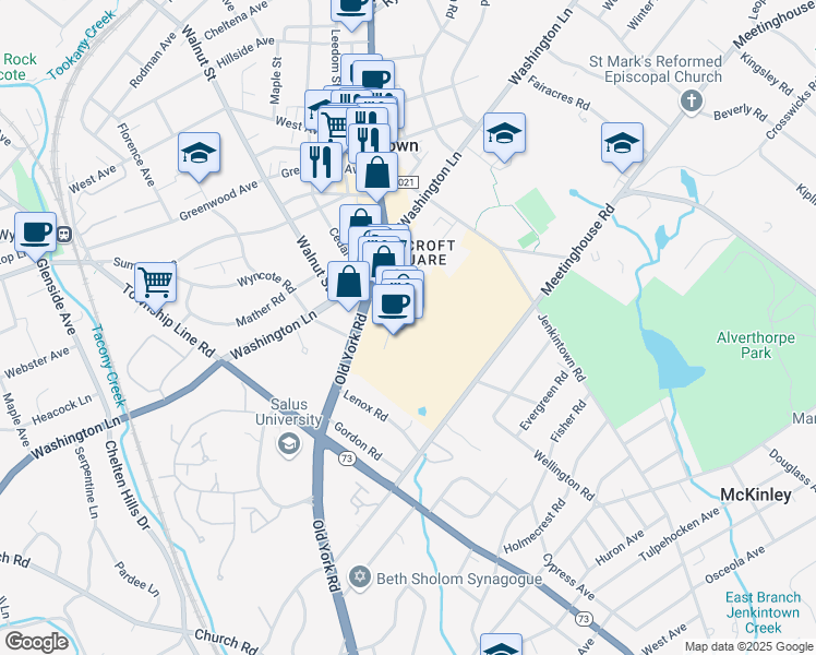 map of restaurants, bars, coffee shops, grocery stores, and more near 261 Old York Road in Jenkintown