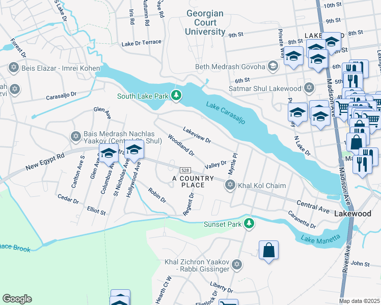 map of restaurants, bars, coffee shops, grocery stores, and more near 826 Woodland Drive in Lakewood Township
