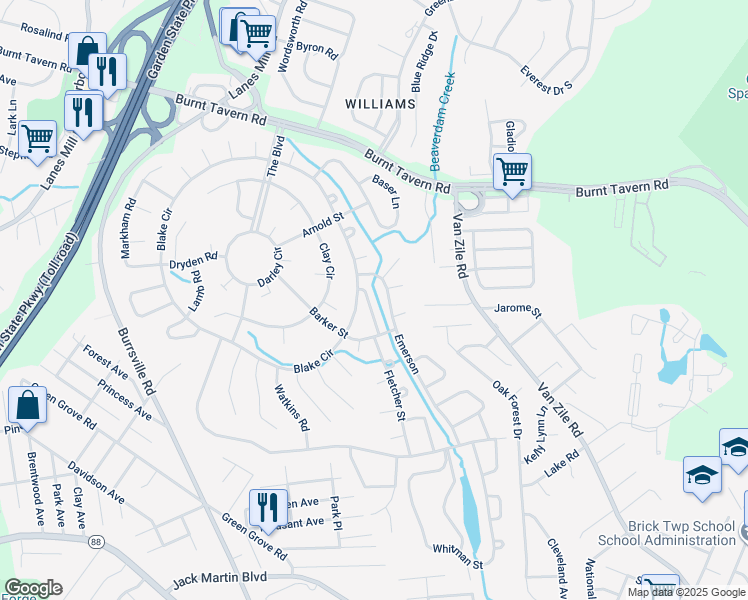 map of restaurants, bars, coffee shops, grocery stores, and more near 114 Whittier Road in Brick