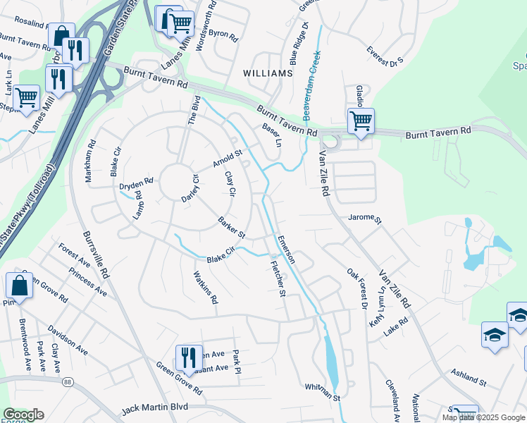 map of restaurants, bars, coffee shops, grocery stores, and more near 114 Whittier Road in Brick