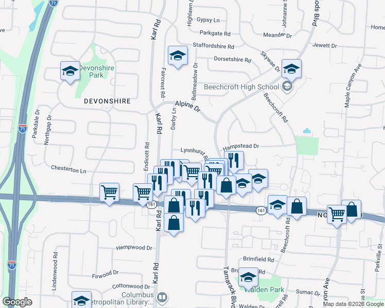 map of restaurants, bars, coffee shops, grocery stores, and more near 1697 Lynnhurst Road in Columbus