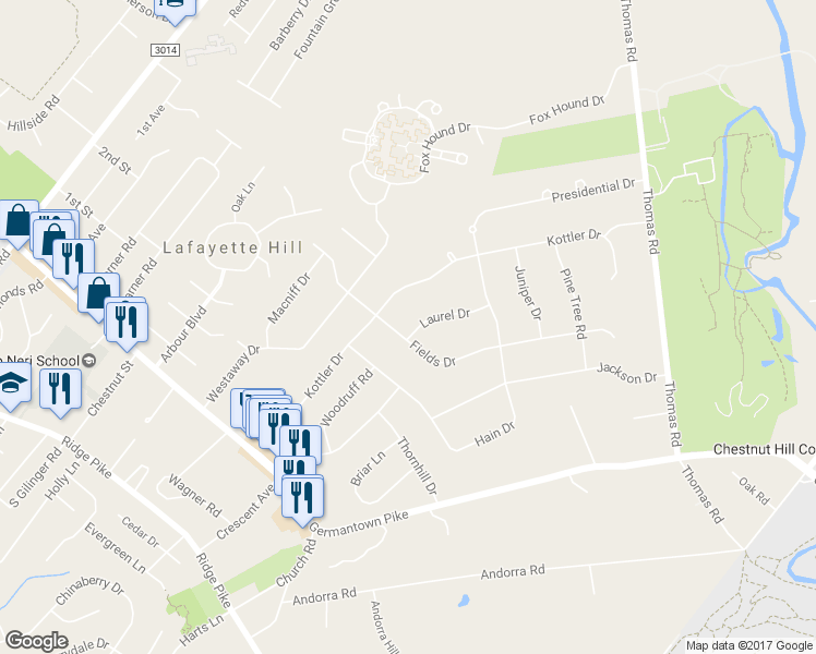 map of restaurants, bars, coffee shops, grocery stores, and more near 4103 Fields Drive in Lafayette Hill