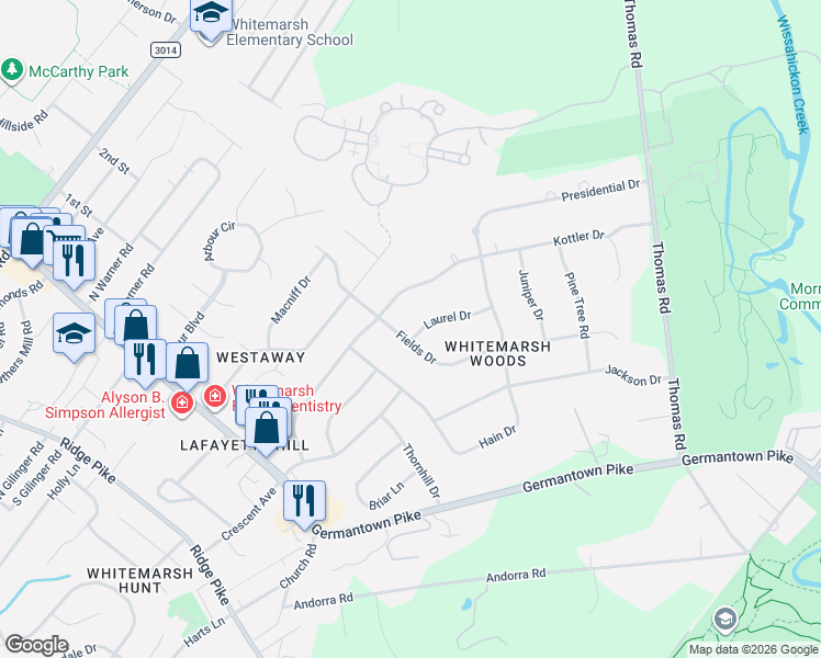 map of restaurants, bars, coffee shops, grocery stores, and more near 4103 Fields Drive in Lafayette Hill