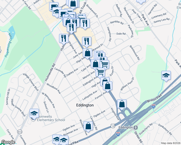 map of restaurants, bars, coffee shops, grocery stores, and more near 2908 Marion Avenue in Bensalem