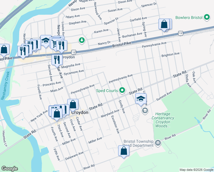 map of restaurants, bars, coffee shops, grocery stores, and more near 1314 Pennsylvania Avenue in Croydon