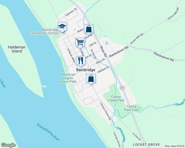 map of restaurants, bars, coffee shops, grocery stores, and more near 216 Market Street in Bainbridge