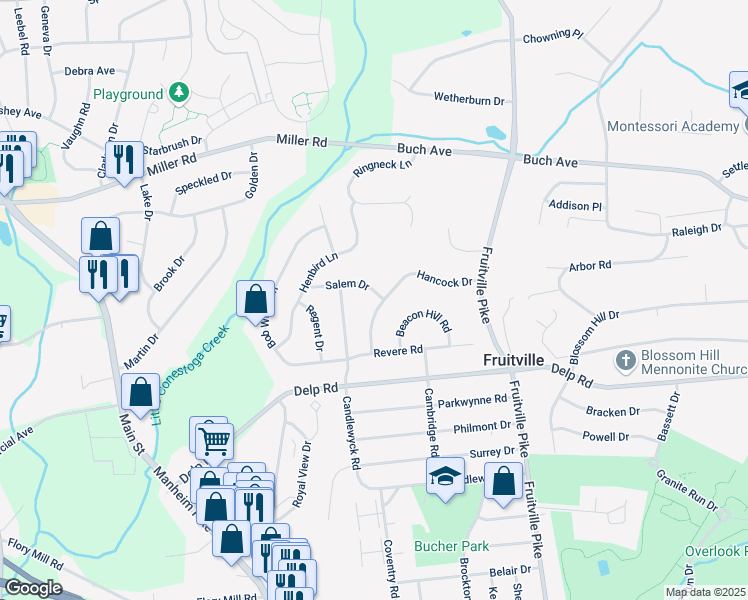 map of restaurants, bars, coffee shops, grocery stores, and more near 470 Salem Drive in Lancaster