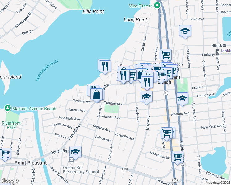 map of restaurants, bars, coffee shops, grocery stores, and more near 509 Riverwood Park in Point Pleasant