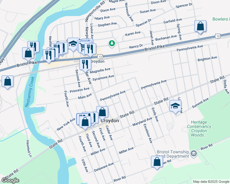 map of restaurants, bars, coffee shops, grocery stores, and more near 1019 Pennsylvania Avenue in Croydon