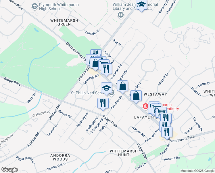map of restaurants, bars, coffee shops, grocery stores, and more near 454 Germantown Pike in Lafayette Hill