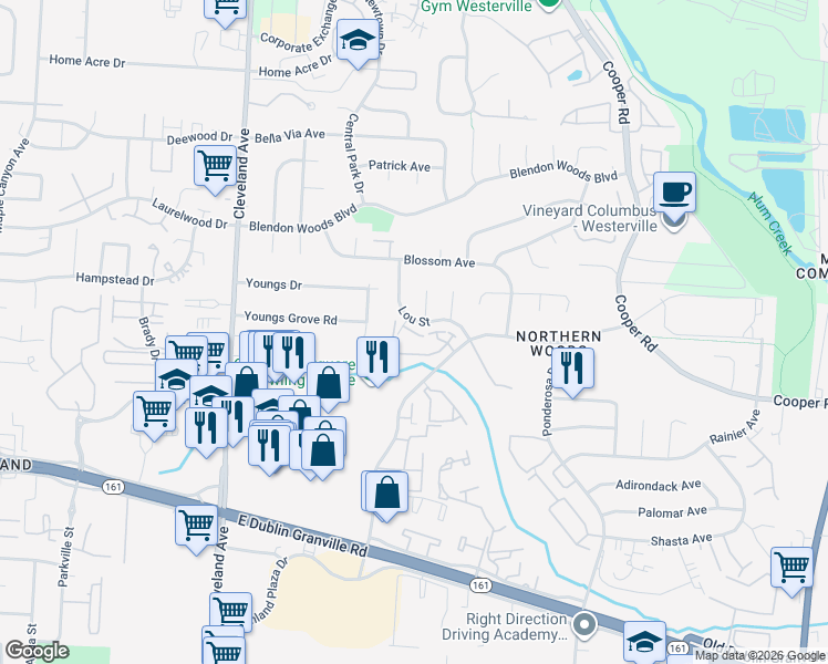map of restaurants, bars, coffee shops, grocery stores, and more near 2776 Windridge Drive in Columbus