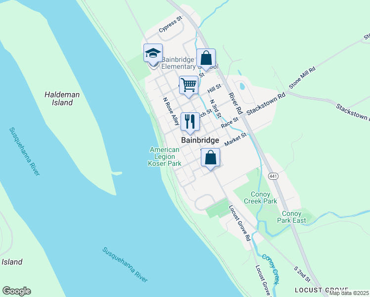 map of restaurants, bars, coffee shops, grocery stores, and more near 133 Race Street in Bainbridge