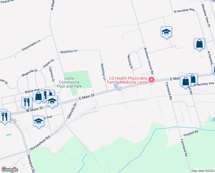 map of restaurants, bars, coffee shops, grocery stores, and more near 5 Stoltzfus Lane in Leola