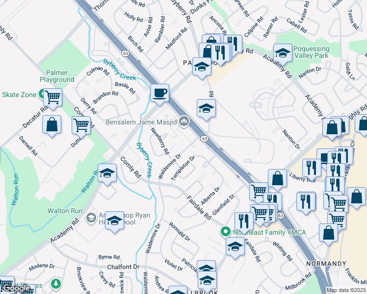 map of restaurants, bars, coffee shops, grocery stores, and more near 12032 Waldemire Drive in Philadelphia