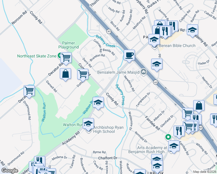 map of restaurants, bars, coffee shops, grocery stores, and more near 11849B Academy Road in Philadelphia